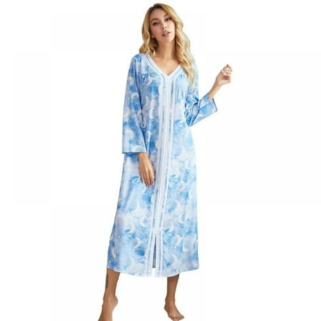 

Women Printed Nightdress Long Sleeve Pajamas Casual Homewear Blue 2XL