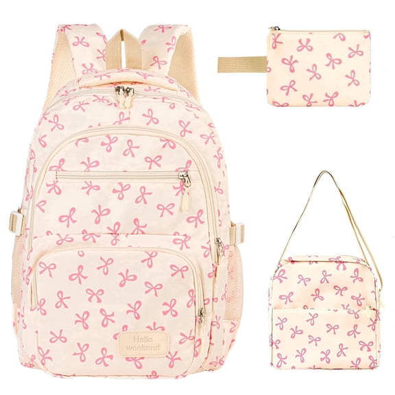 BUTIED Schoolbag Set with Cute Bow, Lightweight Bookbag with Shoulder Bag Pencil Case, Perfect for 4-12