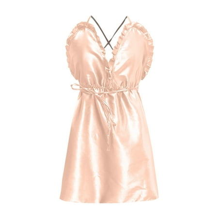 

Womens Satin Lingerie Sexy Deep V Neck Frilled Babydoll Sleepwear Full Slips Nightgown Bridal Negligee Cami Dress