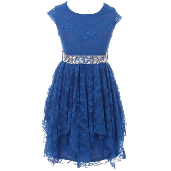 Little Girls Cap Sleeve Girls Dress Floral Lace Rhinestones Waistband Flower Girl Dress Royal 4 (J20KS95)