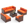 thumbnail image 4 of Poteban 9 Pieces Outdoor Sectional Sofa Set , PE Wicker Rattan Slanted Back Outdoor Conversation with Cushions and Glass Coffee Table for Backyard Garden, Orange, 4 of 11