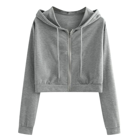 Tunics Tops To Wear With Leggings Fall Loose Fit Hooded Long-sleeved Puff Drop Shoulder Zip Up Solid Color Leisure Polyester Hoodies Hoodie(Grey,S)