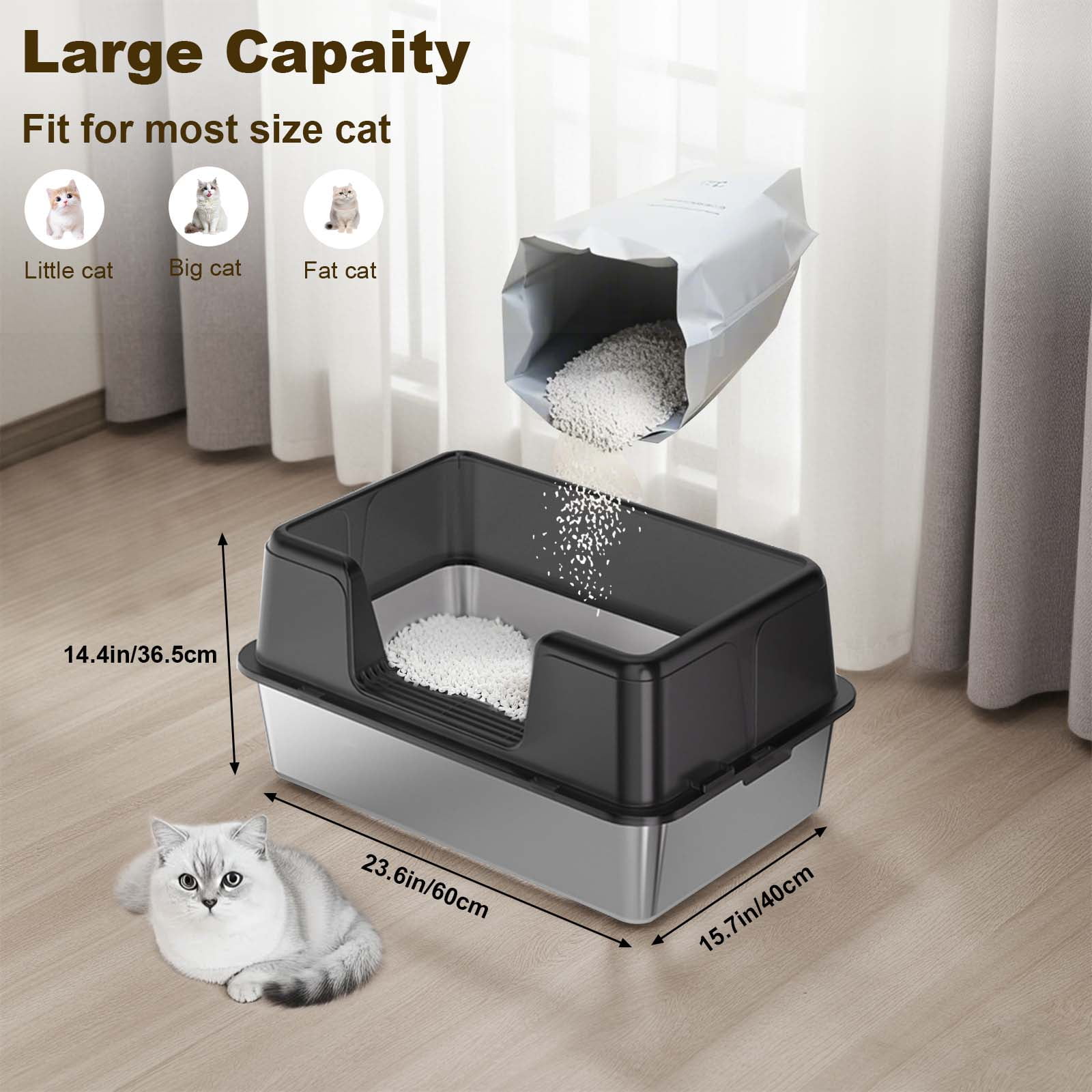 Stainless Steel Cat Litter Box with Lid – Leak-Proof & Scratch-Resistant Litter Box for Large Cats, Includes Anti-Slip Mat & Scoop, Easy to Clean