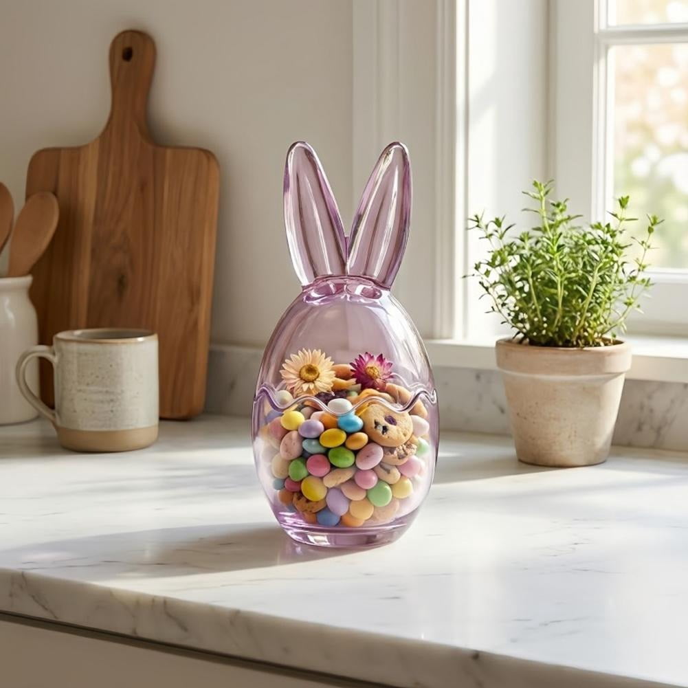 2 Pcs Easter Bunny Ears Glass Candy Jar - Clear Egg Shaped Storage Jars with Removable Lids, Decorative Food Container for Party Treats, Candles & Home Pantry Organization