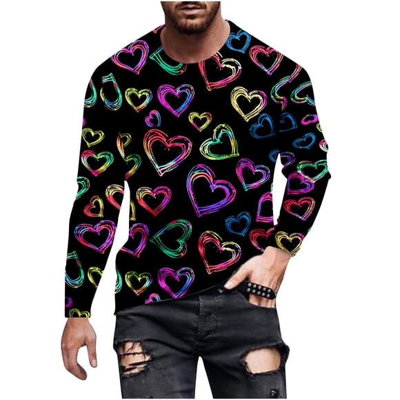 Valentine's Day Long Sleeve Shirt for Men, Printed Round Neck Athletic Top with 3D Cut, Lightweight Breathable Fabric, Curved Neck for Comfort, Quick-Dry Performance