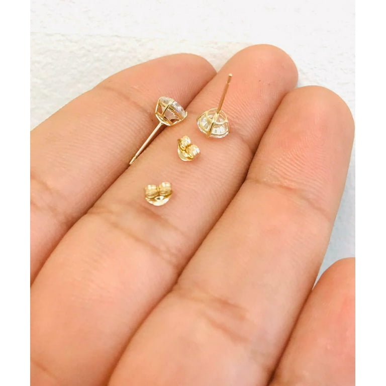 14K Solid Gold Pair Earrings CZ Stud Push Back / Women's Men´s Baby CZ Gold  Earrings / Aretes en Oro Real para Mujer y Niños