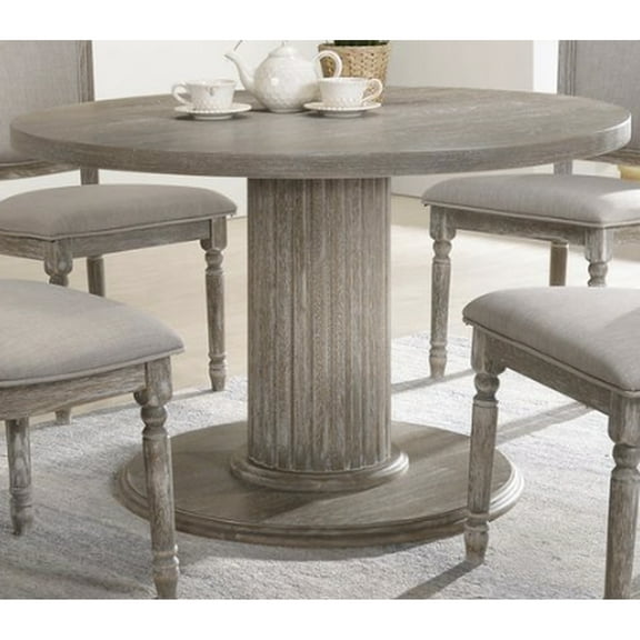 Dining Table In Reclaimed Gray Finish, Classic Round For Intimate Dine-in, Built With 2-inch Thick Wood, Solid Rubberwood Oak Veneer Composite, Elegant Pedestal Fluted Column, Refined Veneer,