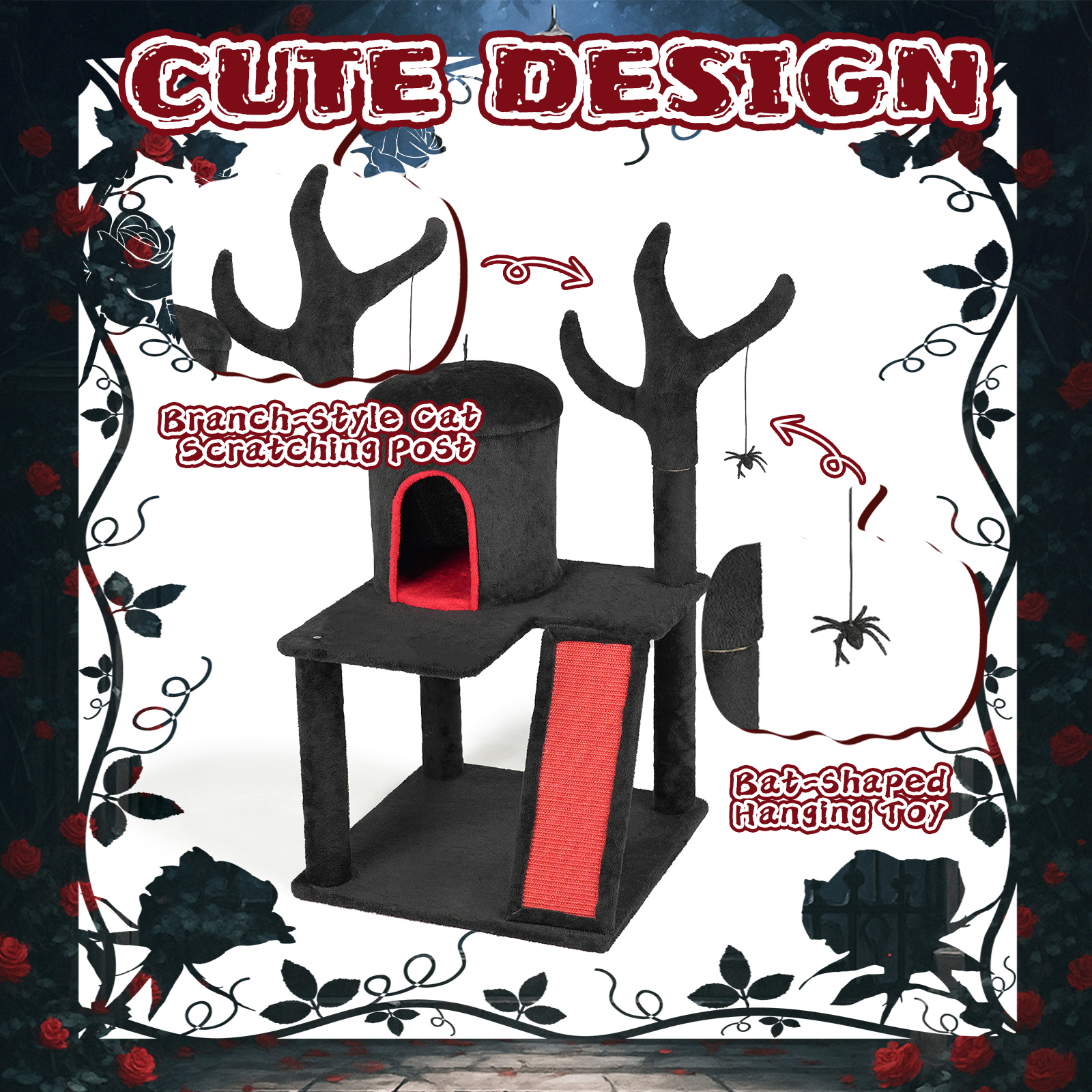 Zephypaws 42" Black Gothic Halloween Cat Tree, Indoor Cat Tower with Condo, Branch Scratching Post, Ladder & Spider Toy, Red & Black Design