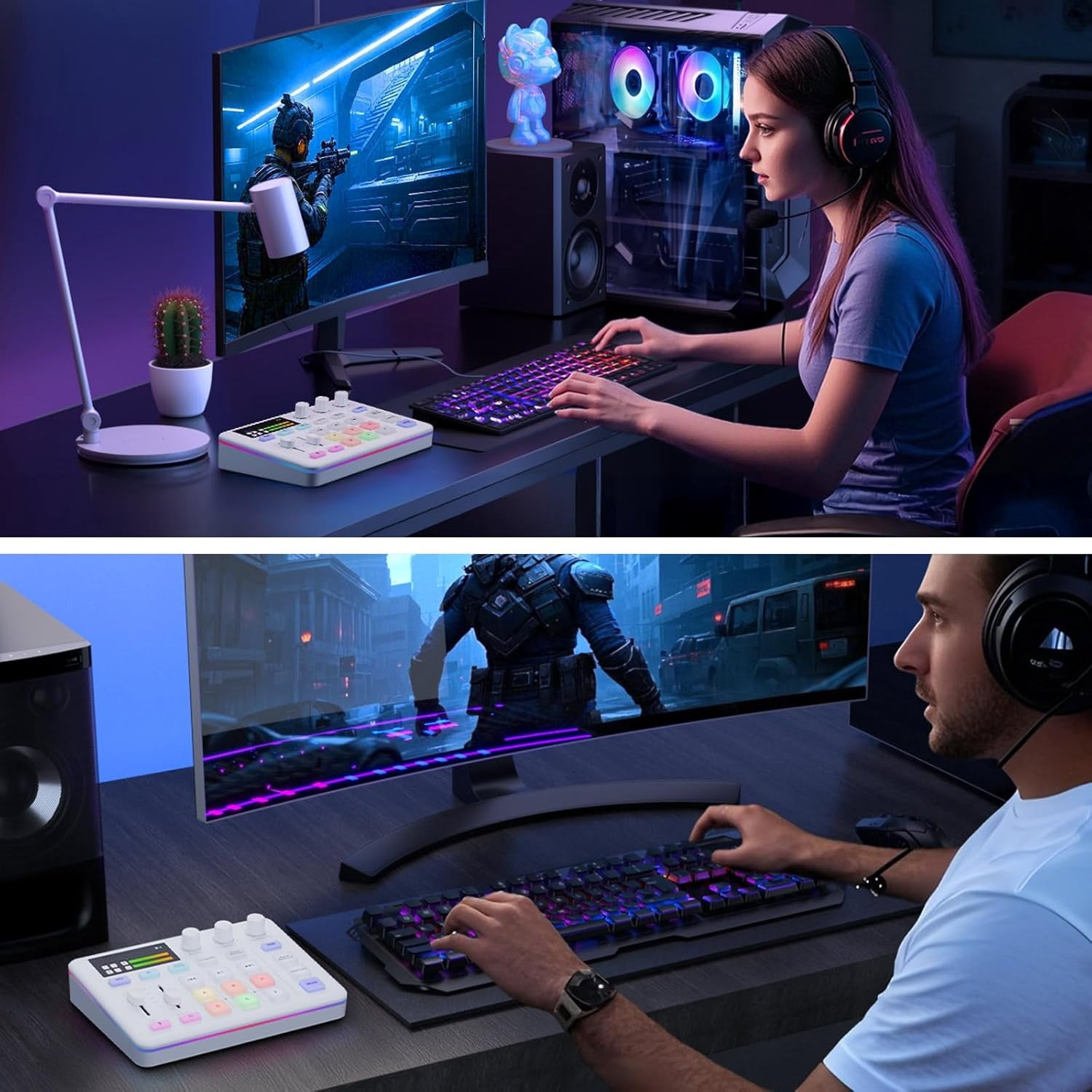 Audio Mixer, Live Sound Card, Voice Changer Kit with RGB Audio Interface,Pro-preamp, Bluetooth Streaming PC Mixer with XLR/48V Phantom Power for Live Streaming,Podcasting,Content Create,Gaming(White)
