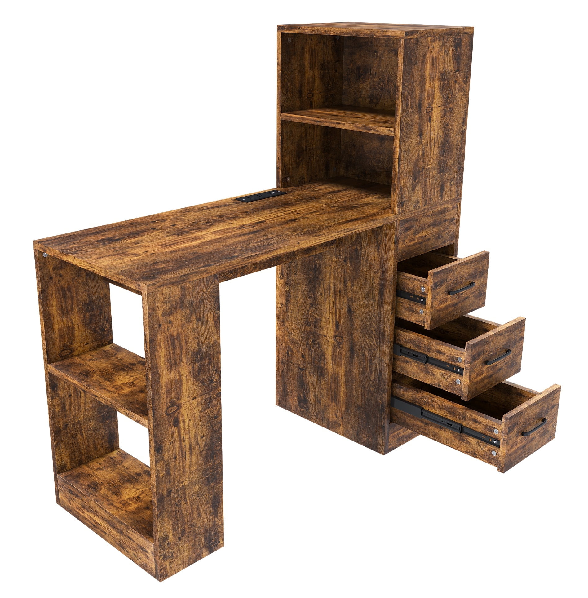 L Shaped Desk with Hutch, Home Office Desk with 3 Drawers and Bookshelf, Charging Station, Wood Computer Desk for Work and Study