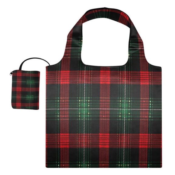 Large Capacity Print Tote Bag,Lightweight Portable Foldable Shopping Bag Deep Red Tartan Plaid