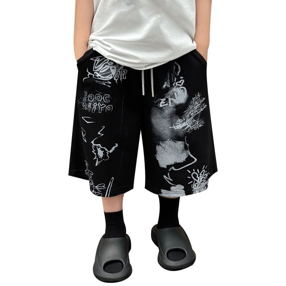 LIIPEE Boys Casual Pants Summer Casual Graffiti Printed Elastic Waist Drawstring Wide Legs Knee-Length Pants Toddler Stylish Sweat Pants,Black,3-4 Years