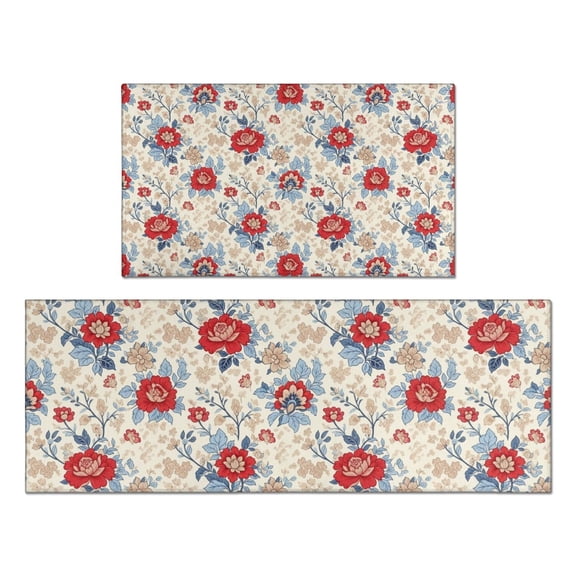 Pioneer Flower Floral Print Pattern Kitchen Rugs Sets Of 2, Anti Fatigue Non Slip Washable Floor Mats for Kitchen Sink Laundry, 17X30 Inch 17X47 Inch