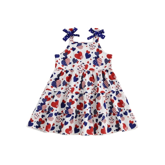 BemeyourBBs Toddler Baby Girl 4th of July Dress Outfit Patriotic Independent Day Dress Little Girl Summer Casual Heart Print Bow Strap Sleeveless A Line Dress Beach Party Holiday Dress Cute Clothes