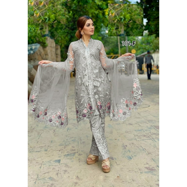Ethnic Emporium Grey Ready to Wear Short Kurti Stylish Net Pakistani Pants Style Sequin Sliver Work Muslim Party Suit 6546 Women s Size 2XL Gray