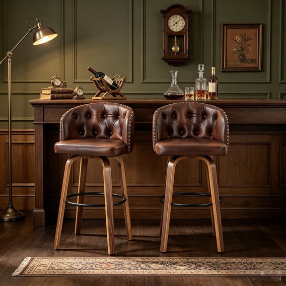 Fahomiss 26" Swivel Bar Stools Set of 2, Modern Counter Height Faux Leather Bar Stools Chairs, Upholstered Bar and Kitchen Stools with Wood Legs & Soft Back, Brown