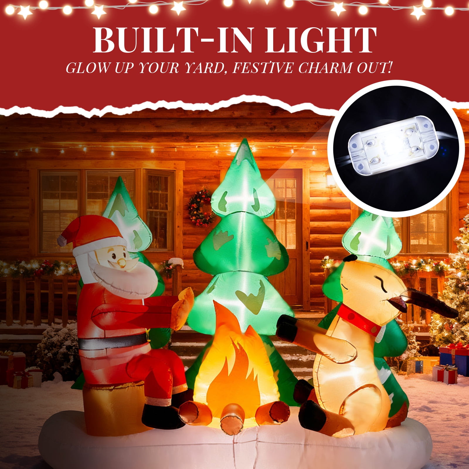 Astoutdoor Christmas Inflatable Decoration, Santa and Reindeer Around Campfire with Built-in LED Lights, 106.3 x 56.3 x 94.5 in