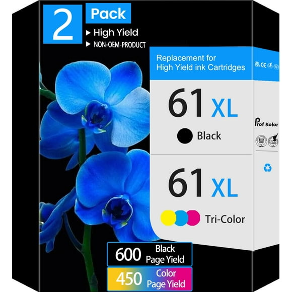 Prof Kolor 61 Ink 61XL Ink Cartridges for HP 61XL 61 Ink Cartridges, for Printer Ink HP 61 Black and Color, Work forHP Envy 4500 5530 4502 4503 4504 Deskjet 1000 1010,2Pack