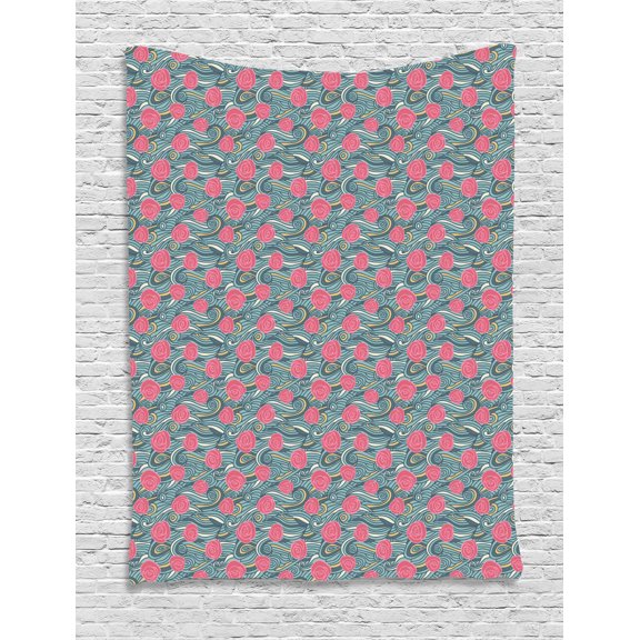 Abstract Tapestry, Asymmetrical Abstract Waves and Stylized Roses Artistic Sketch Vintage Design, Wall Hanging for Bedroom Living Room Dorm Decor, 60W X 80L Inches, Multicolor, by Ambesonne