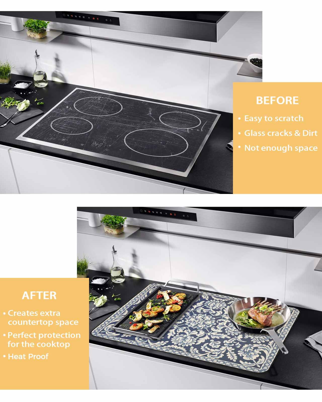 nqOlkjepod Large Induction Cooktop Protector Mat 24"x21", Blue Boho Flower Stove Top Covers for Electric Stove, Country Vintage Tribal Ethnic Motifs Stove Burner Cover Mats, Glass Top Stove Cover