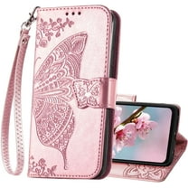 Designed for Samsung Galaxy A23 5G Case Wallet,Women Flip Folio Cover with Credit Card Holders Butterfly Embossed PU Leather Kickstand Wrist Strap Phone Case for Galaxy A23 5G/A23 4G (Rose Gold)