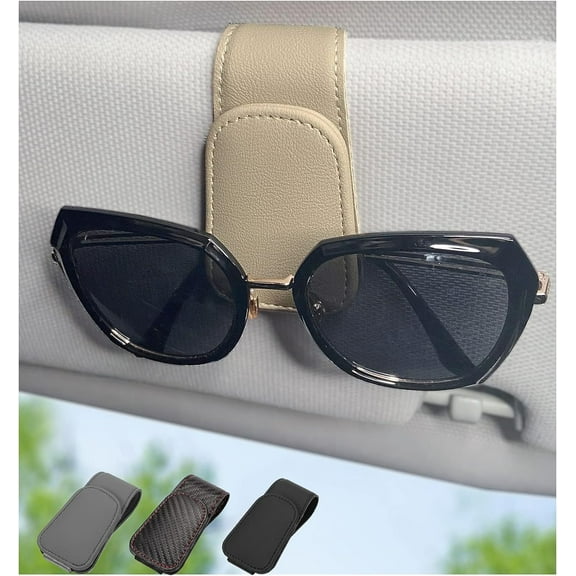 Magnetic Leather Sunglass Holder for Car, Sunglasses Clip for Car Visor, Auto Interior Accessories Universal for Different Size Eyeglasses(Beige)