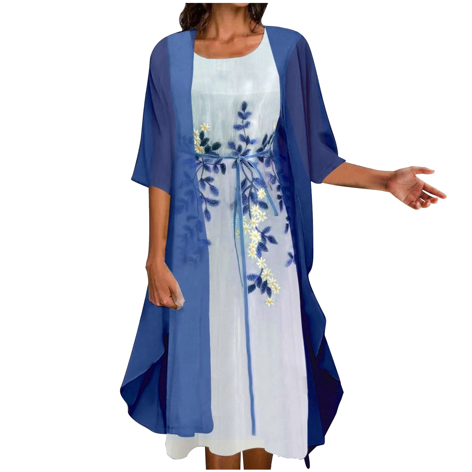 AOOCHASLIY Sun Dresses for Women Clothess Women Casual Floral Print Round Neck Sleeveles Dress Solid Chiffon Two-Piece Set
