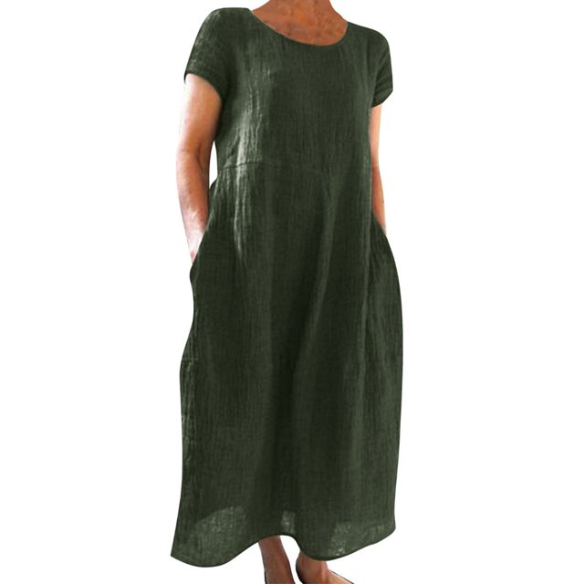 WILLBEST Womens Assembly Clothing Women's Casual Solid Color Short Sleeved Round Neck Loose Pocket Dress