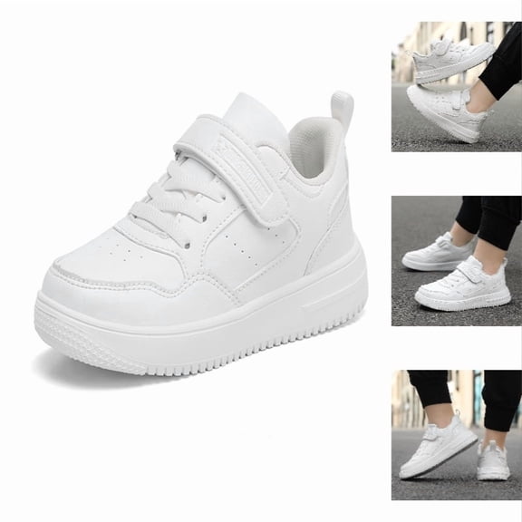 Krdevn Kids Leather Skate Shoes, Flat Non Hook and Loop Sneakers, Comfort Lightweight Casual Board Shoes for Boys Girls,White