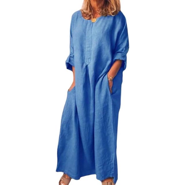 CHOK Robe d'Été en Coton et Lin pour Femmes Col Rond Coupe Ample Robe Chemise Unie Grande Taille Lin Décontracté Long Cover Ups