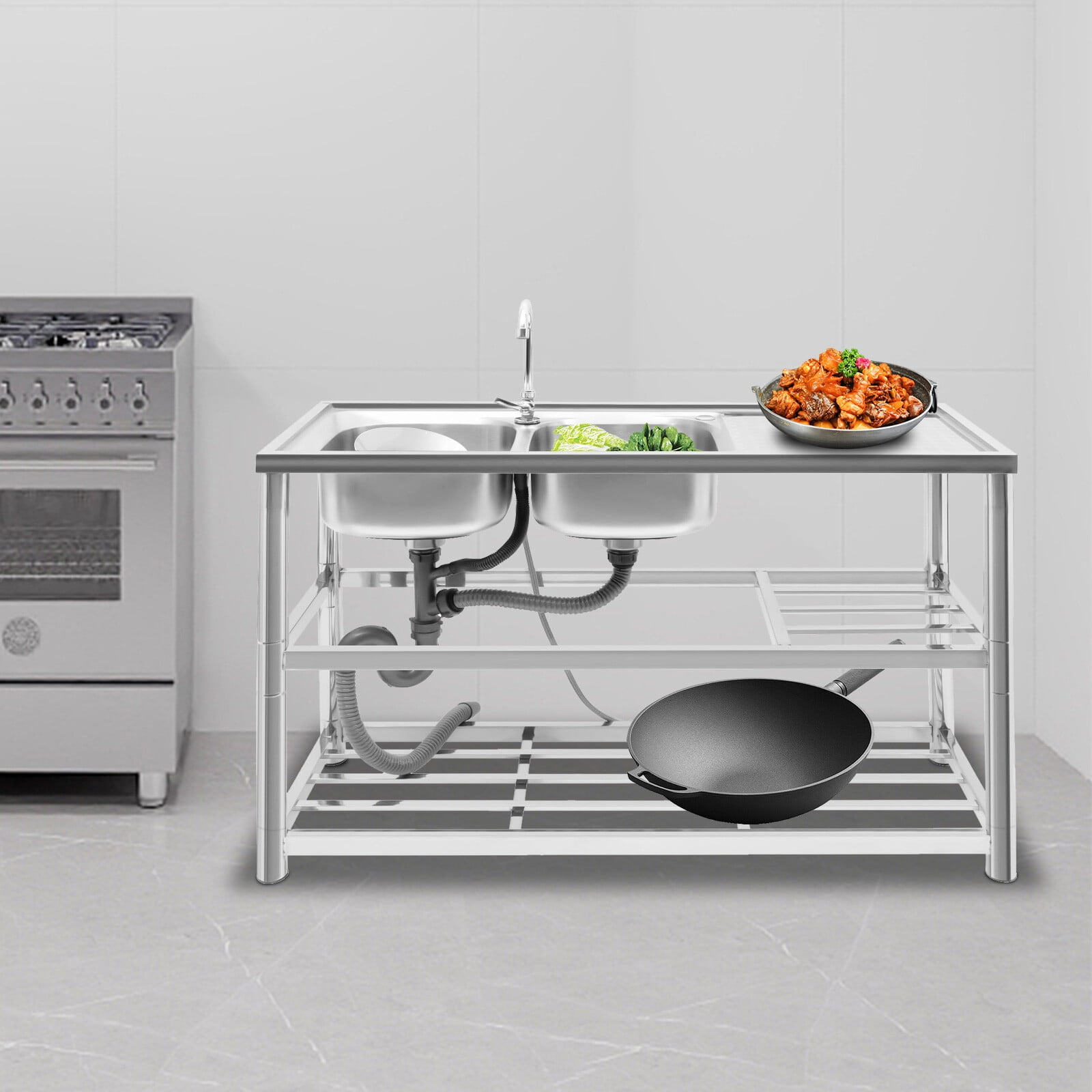 Free Standing Stainless-Steel Double Bowl Commercial Restaurant Kitchen Sink Set w/Faucet & Drainboard