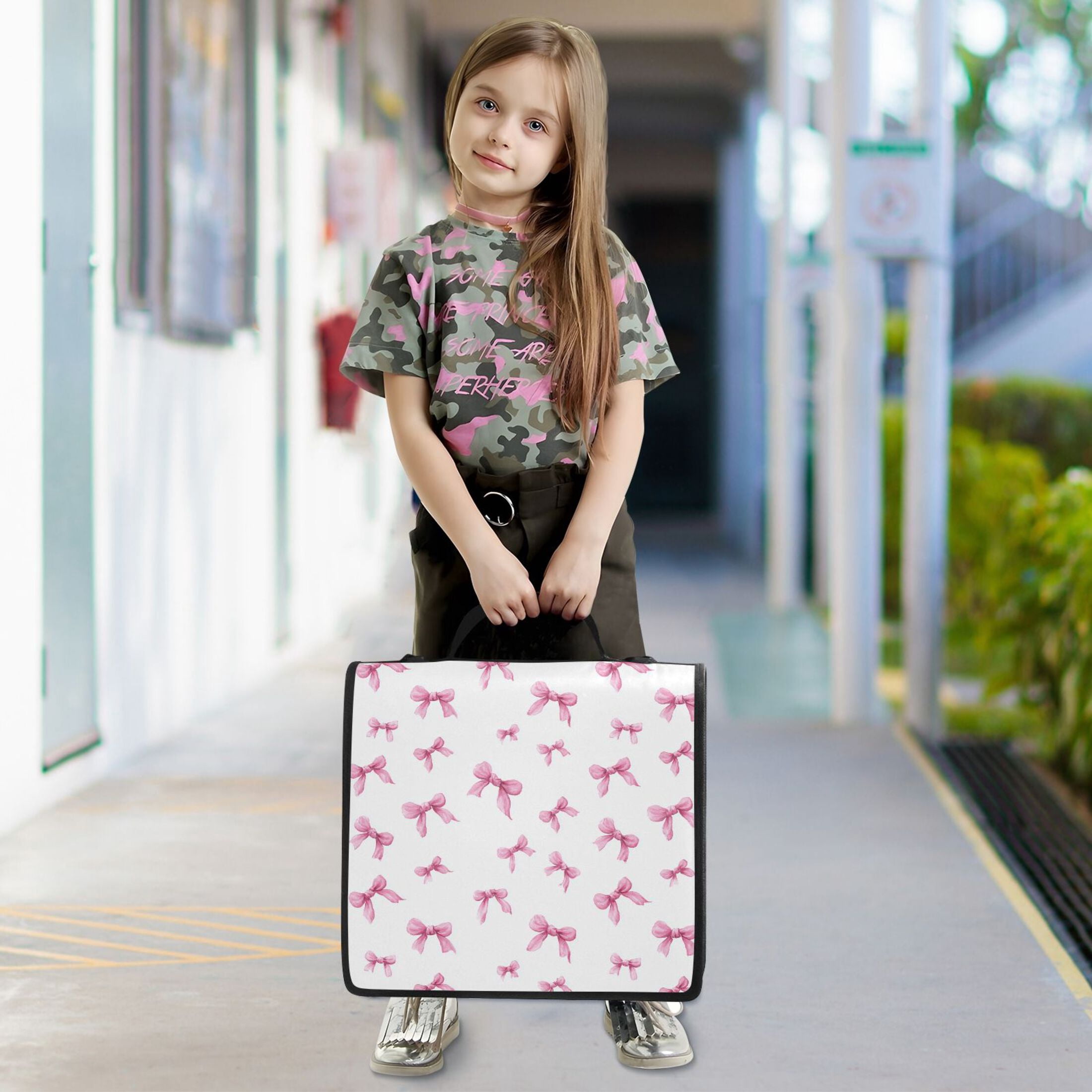 Zipper Binder Pink Bow 1.5 Inch Binder Folder Bag with Shoulder Strap and Handle