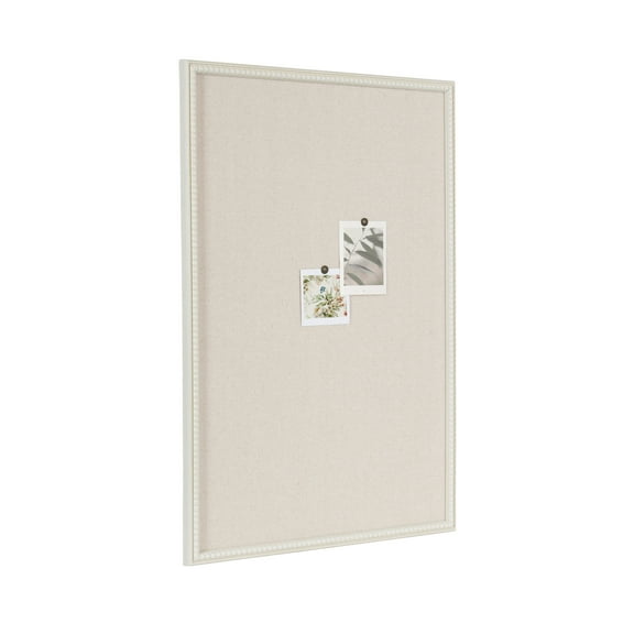 Kate and Laurel Makenna Rectangle Framed Linen Fabric Pinboard, 24 x 36, Soft White, Traditional Beaded Bulletin Board for Vintage Home Wall Organization or Aspirational Vision Board