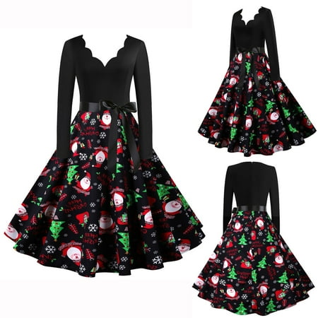 

BDFZL Dresses for Women 2022 Women s Fall Vintage Print Long Sleeve Corset V-Neck Christmas Evening Party Swing Big Hem Skirt Dress Black XL-