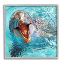 Smiling Dolphin Water Splash Animals & Insects Painting Gray Framed Art Print Wall Art