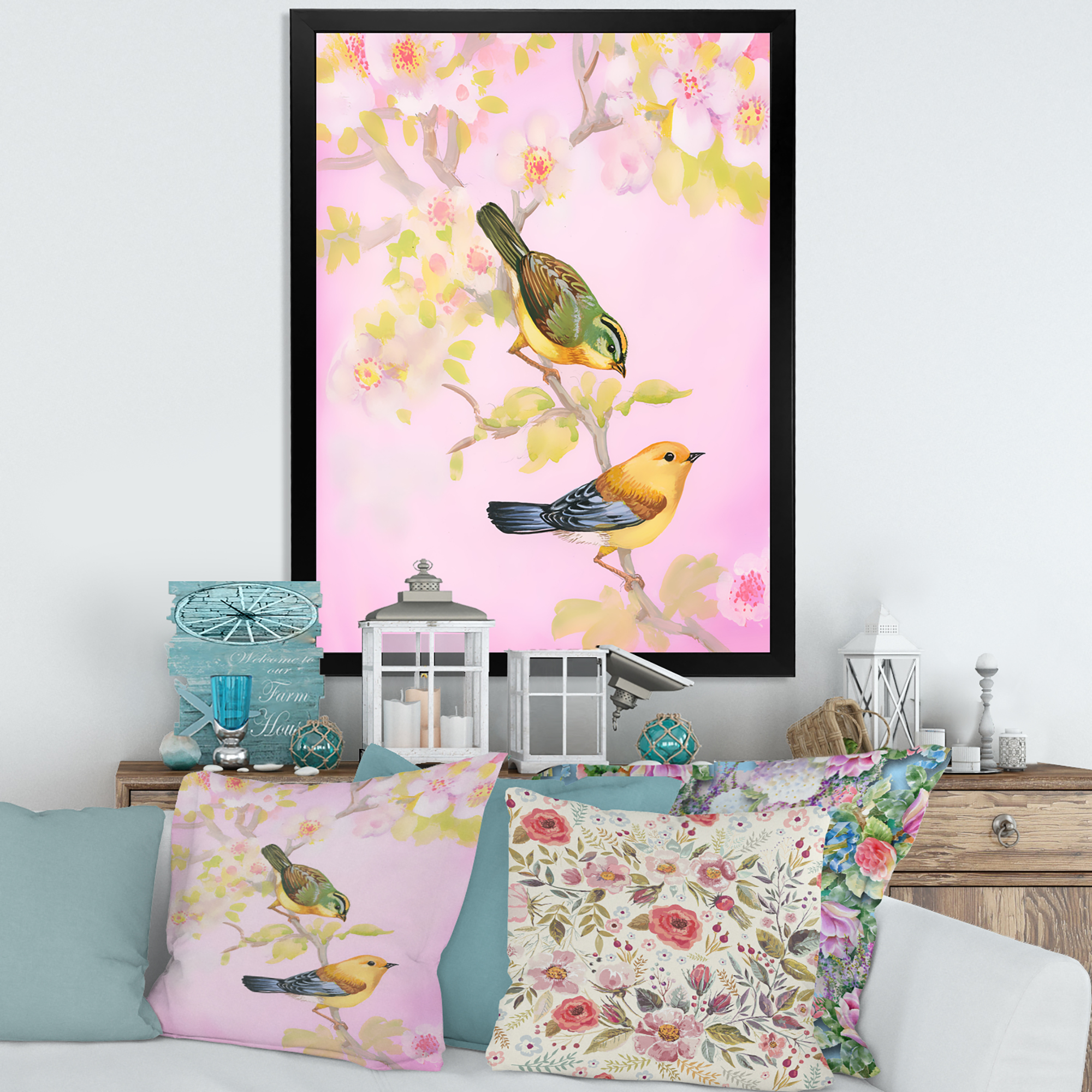 Designart 'Beautiful Bright Birds Sitting On Branch' Traditional Framed Art Print