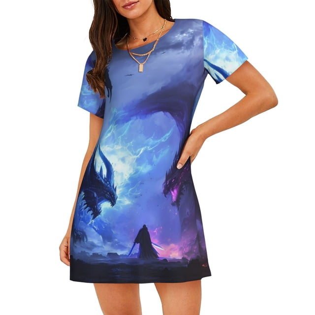 Vsdgher Motif Dragon de Feu Rouge et Bleu Chemise de Nuit à Manches Courtes pour Femmes Col Rond Mignonne Robe de Nuit Confortable