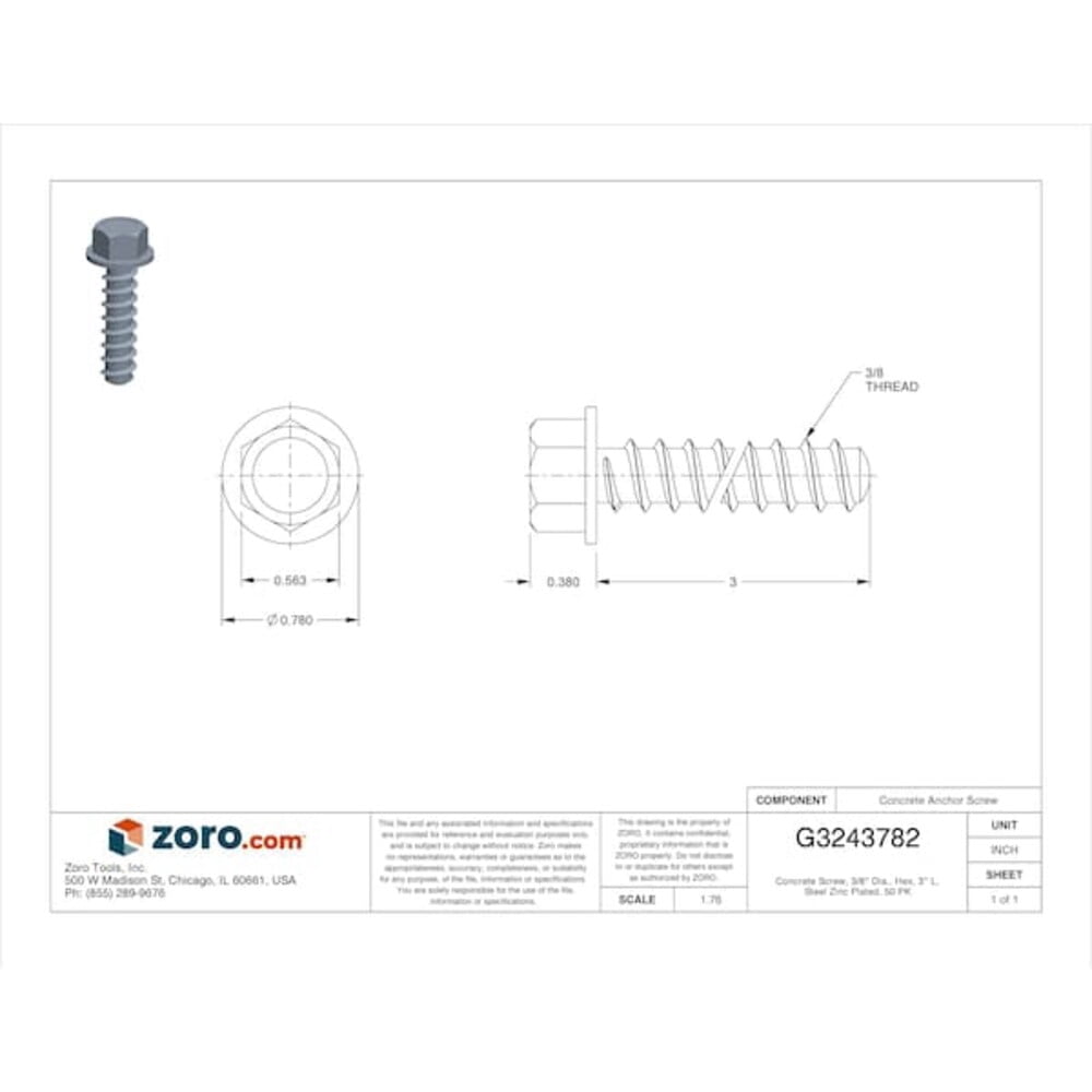 Concrete Screw, 3/8" Dia., Hex, 3" L, Steel Zinc Plated, 50 PK