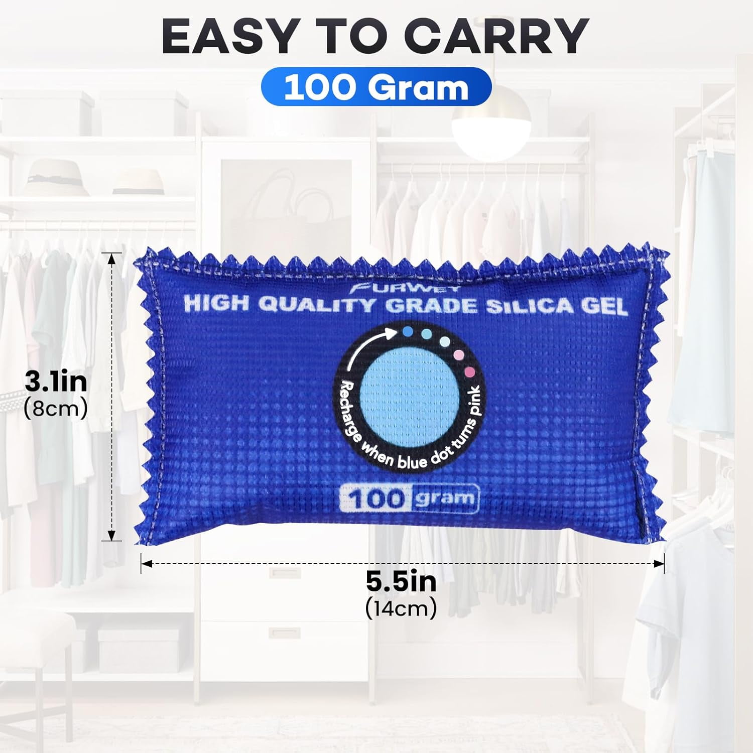 100g [ 6 Packs] Rechargeable Desiccant Packs for Storage, Color Indicating Silica Gel Packets, Moisture absorbers storage, Dehumidifier bag Closets