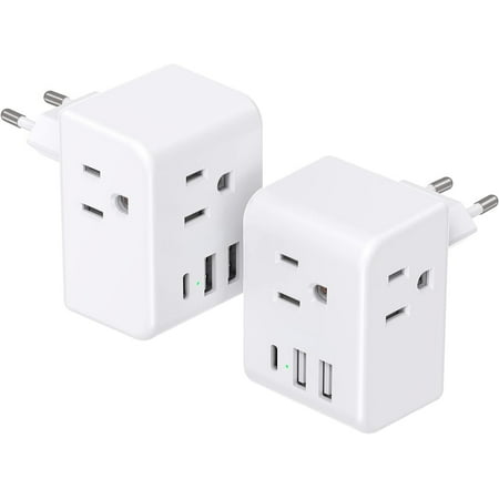 WH 2 Pack European Travel Plug Adapter,International Power Plug Adapter with 3 Outlets 3 USB Charging Ports(1 USB C),Type C Plug Adapter Travel Essentials to Most Europe EU Spain Italy France Germany