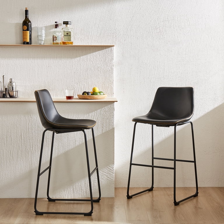 Set Of 2 Black Industrial Bar Stools - 30" Height, Faux Leather Upholstery With Back & Metal Legs For Kitchen Island