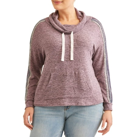 Juniors' Plus Size Rainbow Sleeve Brushed Hacci Funnel Neck