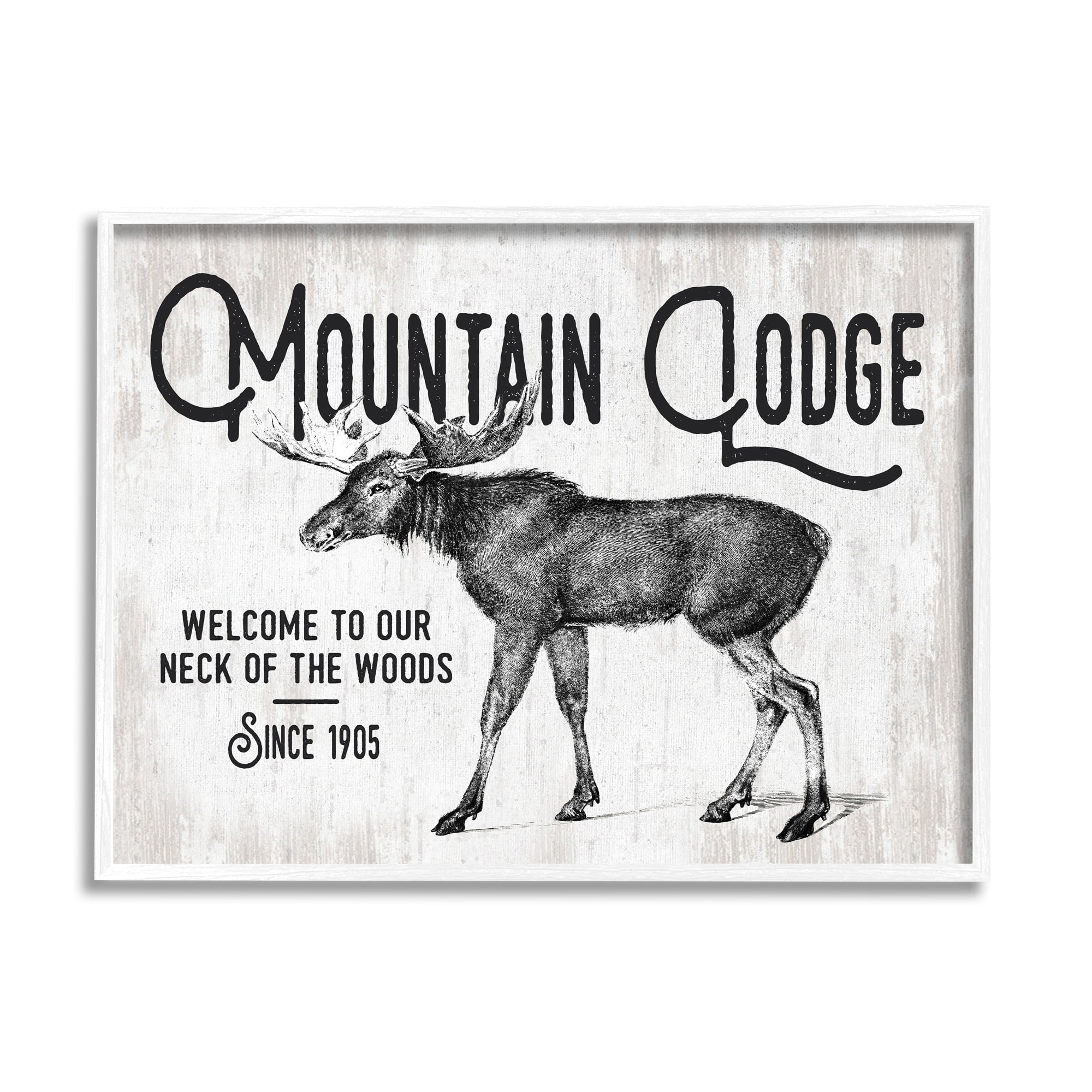Stupell Industries Rustic Mountain Lodge Vintage Moose Cabin Sign Graphic Art White Framed Art Print Wall Art, Design by Lettered and Lined