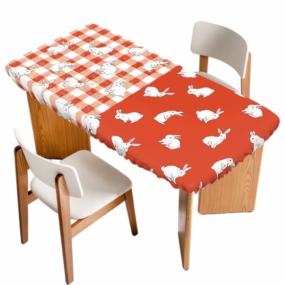 Japanese Rabbits Table Cloths for 6 Foot Rectangle Tables, Vintage Orange Red Plaid Farmhouse Patio Waterproof Elastic Fitted Tablecloths, Washable Rectangular Table Cover for Camping