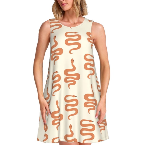 Easygdp Hand Drawn Snake para Vestido Transpirable de Mujer, Vestido Suelto de Manga Corta con Pliegues y Bolsillos para el Verano