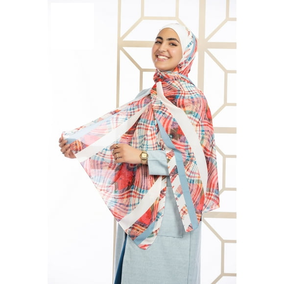 Estabraq Lady Women Handmade Printed Chiffon Scarf (Hijab) with Abstract Plaid Design Digital Prints