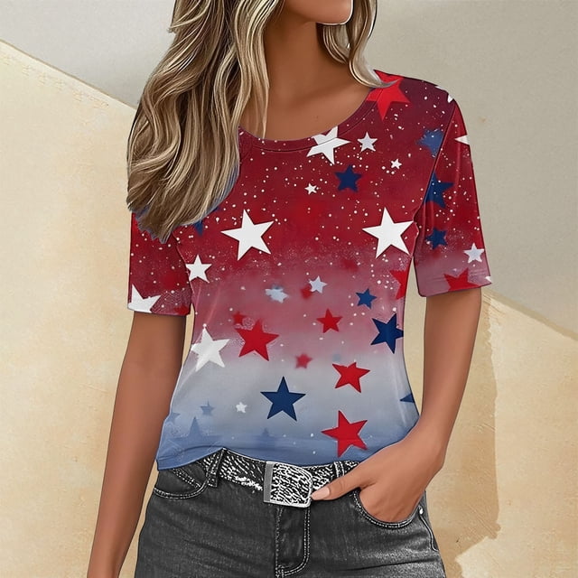 YLHFASHION T-Shirts Graphiques pour Femmes 4 Juillet Col Rond 2025 Drapeau Américain Manches Courtes Indépendance T-shirt d'Été Liquidation T-shirt à Manches Courtes pour Femmes