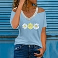 thumbnail image 2 of Women's Cold Shoulder Tops Glitter V Neck Short Sleeve T-shirts Daisy Flower Print Cute Summer Clothes (L, Light Blue 02), 2 of 5