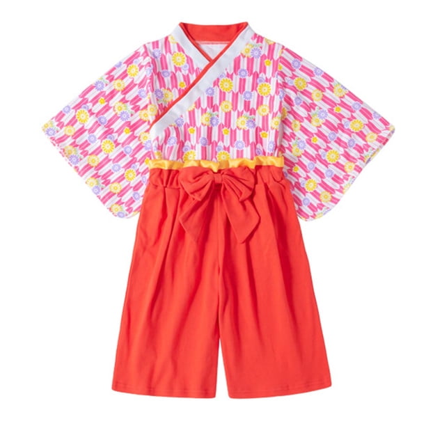 Gibobby Conjunto térmico bebé Niños pequeños bebés niñas primavera verano Floral algodón estampado manga corta pantalones cortos Kimono pijamas ropa(Rosa caliente, 5-6 Años)