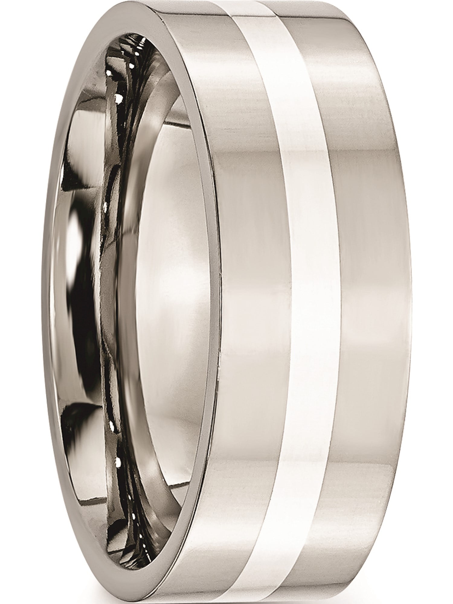 Stainless Steel Sterling Silver Inlay Flat 8mm Polished Band Best Quality Free Gift Box
